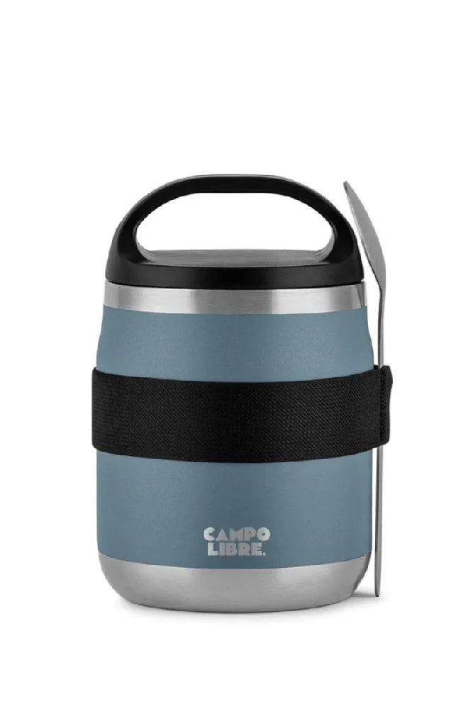 Campo Libre Edelstahl Thermobehaelter Lotta mit Loeffel in Neptune Blue Blau als Freisteller fuer Camping Outdoor und Meal Prep