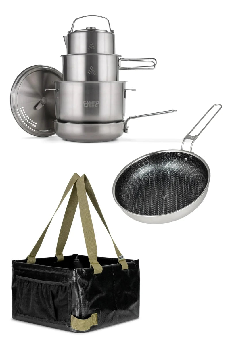 Campo Libre Enzo L Koch-Bundle – komplettes Freistellerbild mit Enzo L Kochset, Bratpfanne Enzo HexaGuard und Spülschüssel Carlo XL, robustes Camping-Kochgeschirr für Outdoor-Küche und Vanlife