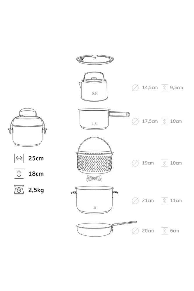 Campo Libre Enzo XL Kochset – Illustration mit Maßen von Topf, Pfanne und Deckel für Campingküche, Outdoor-Kochen und Vanlife
