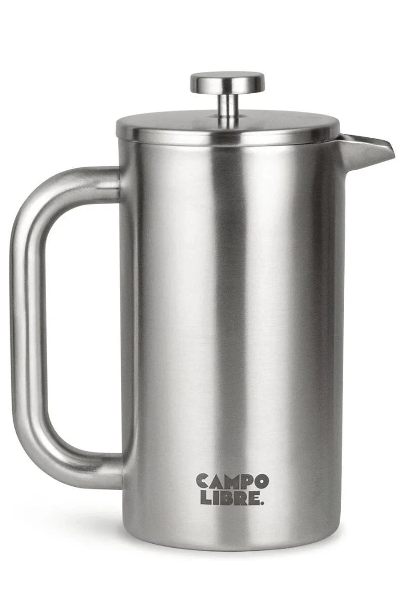 Campo Libre French Press Giorgio 1000ml aus Edelstahl – Freistelleransicht der doppelwandigen, robusten Kaffeepresse für Camping, Outdoor und Vanlife Kaffeezubereitung
