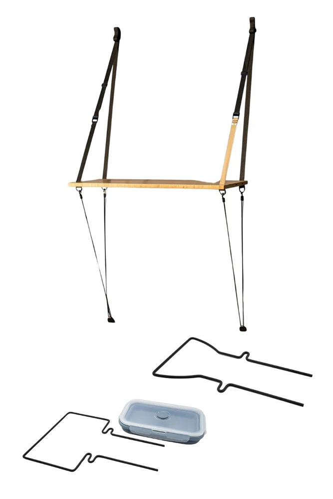 Campo Libre Hängetisch Fred Bundle – komplettes Set als Freisteller mit Tischplatte, Riemen und Zubehör, ideal für Camping, Vanlife, Outdoor-Küche und mobiles Reisen