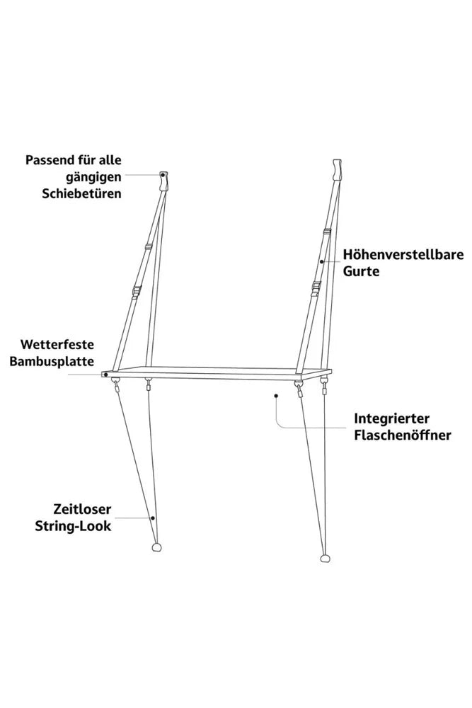 Campo Libre Hängetisch Fred Bundle – Illustration des Aufbaus mit Tischplatte, Riemen und Zubehör, erklärt die einfache Montage für Camping, Vanlife und Outdoor-Küche