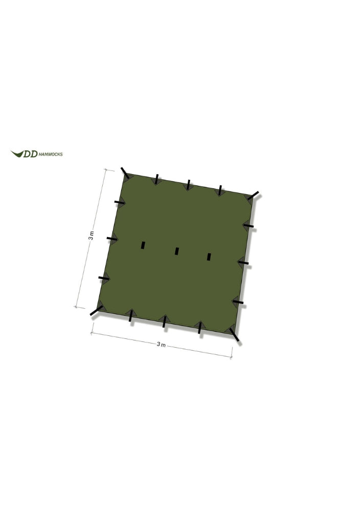 DD Hammocks Tarp 3 x 3 m in Forest Green aufgespannt mit Maßangaben, freigestellt