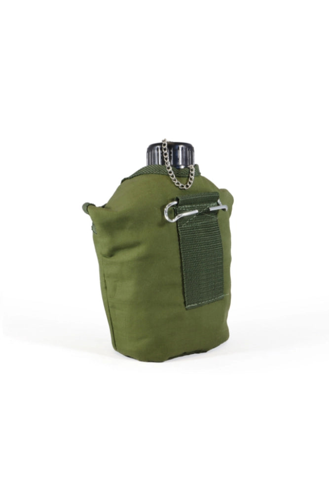 „Origin Outdoors Edelstahl Feldflasche in Transporttasche freigestellt – Outdoor Trinkflasche Set“