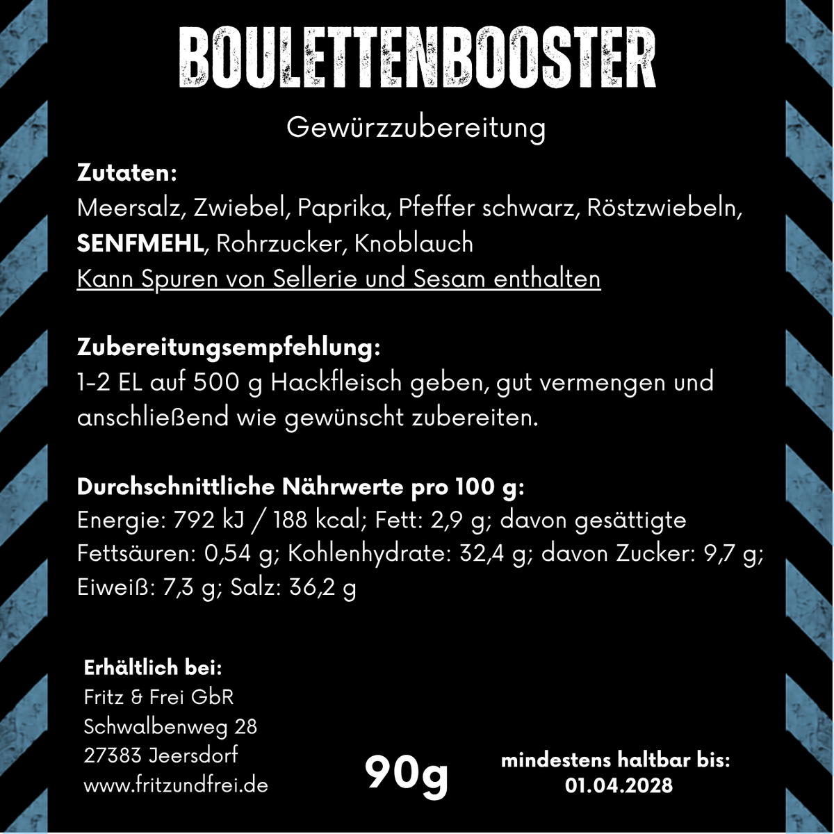 Etikett der Fritz & Frei Boulettenbooster Gewürzzubereitung 90 g mit Zutaten, Zubereitungsempfehlung und Nährwerten
