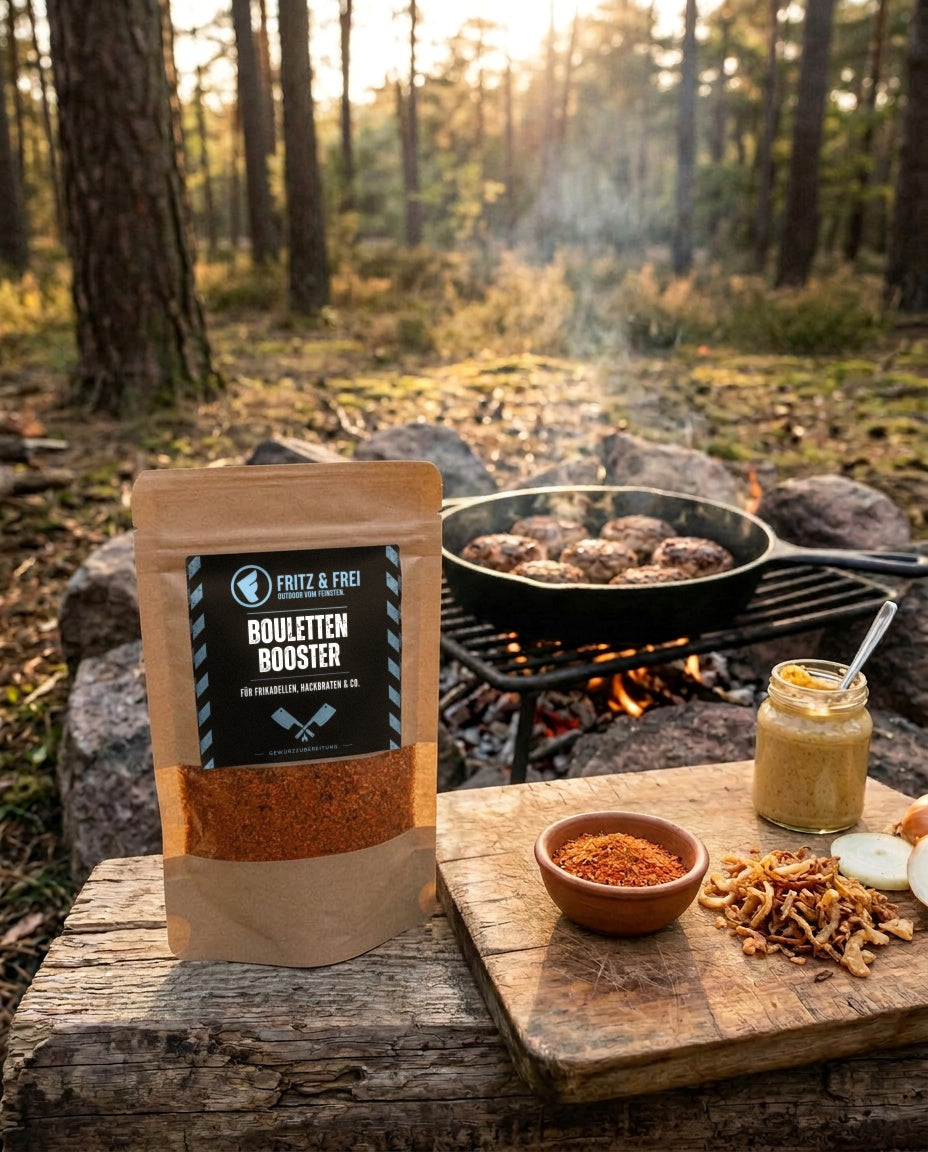 Fritz & Frei Boulettenbooster Gewürzzubereitung 90 g im Kraftpapierbeutel im Kiefernwald, dahinter Frikadellen in der gusseisernen Pfanne über dem Lagerfeuer, daneben Senf, Röstzwiebeln und eine Schale mit der Gewürzmischung (KI)