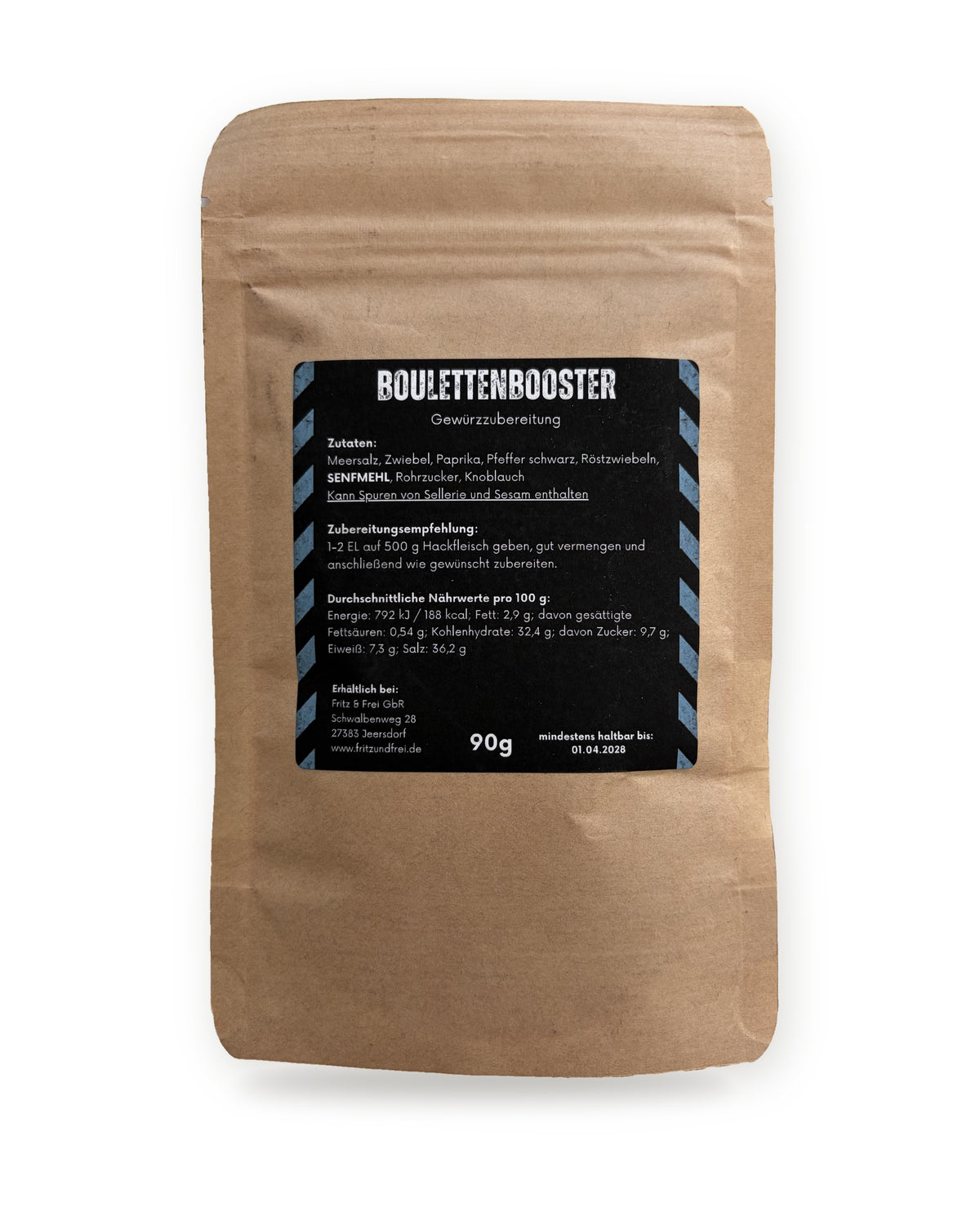 Rückseite des Fritz & Frei Boulettenbooster Beutels mit Zutaten, Nährwerten und 90 g Füllmenge