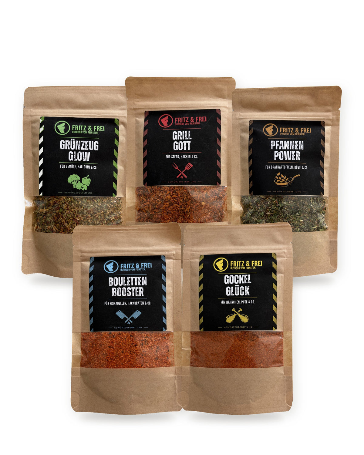 Fritz & Frei Gewürz-Set mit Grünzeugglow, Grillgott, Pfannenpower, Boulettenbooster und Gockelglück