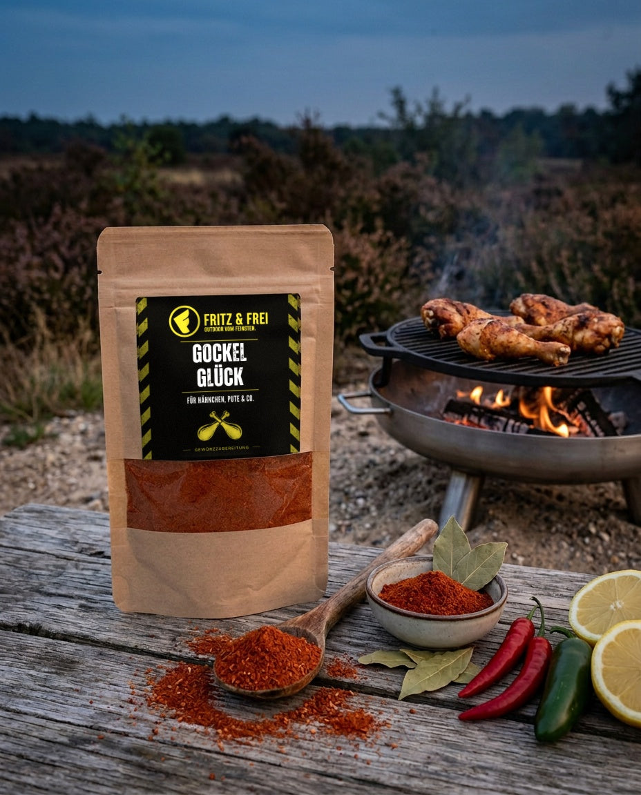 Fritz & Frei Gockelglück Gewürzzubereitung 90 g im Kraftpapierbeutel auf einem Holztisch in der Heide, dahinter Hähnchenschenkel auf dem Grillrost einer Feuerschale, davor ein Holzlöffel mit der Gewürzmischung, Chilis und Zitrone (KI)