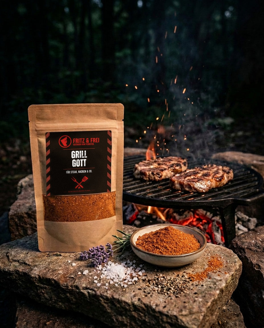 Fritz & Frei Grillgott Gewürzzubereitung 90 g im Kraftpapierbeutel auf einem Felsen am Lagerfeuer im Wald, dahinter zwei Nackensteaks auf dem Grillrost, davor eine Schale mit der Gewürzmischung, grobes Salz und Pfeffer (KI)