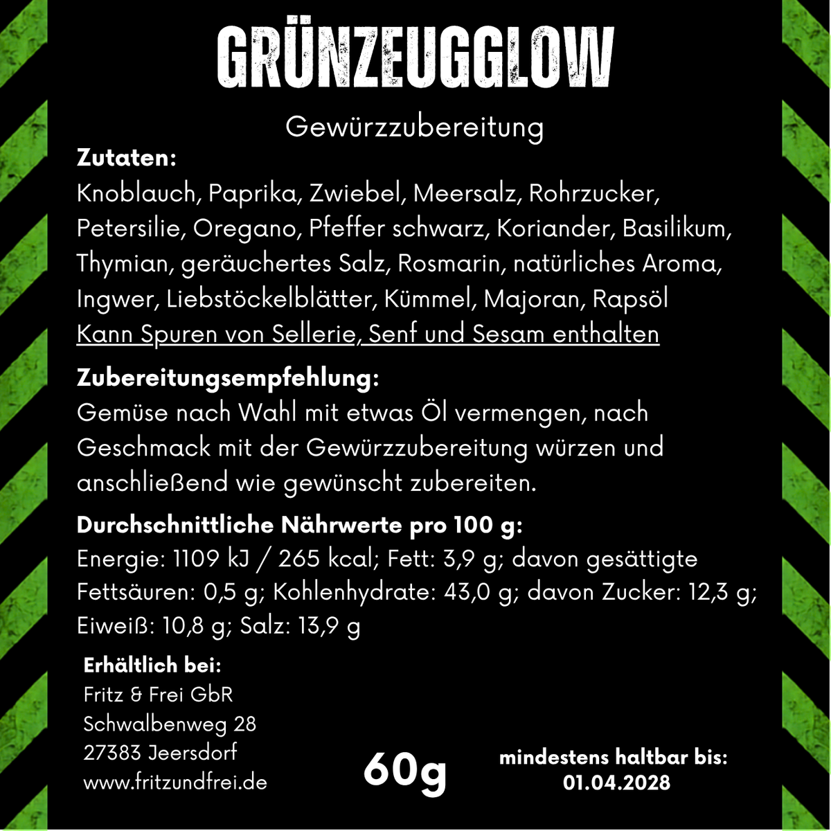 Etikett der Fritz & Frei Grünzeugglow Gewürzzubereitung 60 g mit Zutaten, Zubereitungsempfehlung und Nährwerten