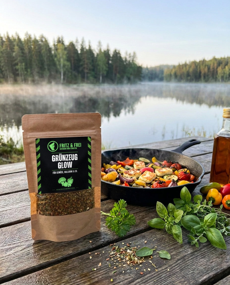 Fritz & Frei Grünzeugglow Gewürzzubereitung 60 g im Kraftpapierbeutel auf einem Holztisch am See, daneben eine gusseiserne Pfanne mit Grillgemüse und Halloumi sowie frisches Basilikum und Petersilie (KI)