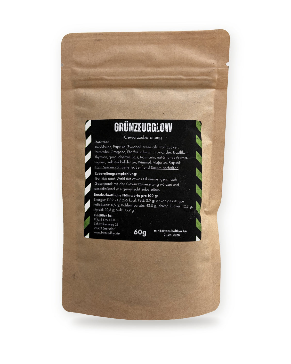 Rückseite des Fritz & Frei Grünzeugglow Beutels mit Zutaten, Nährwerten und 60 g Füllmenge