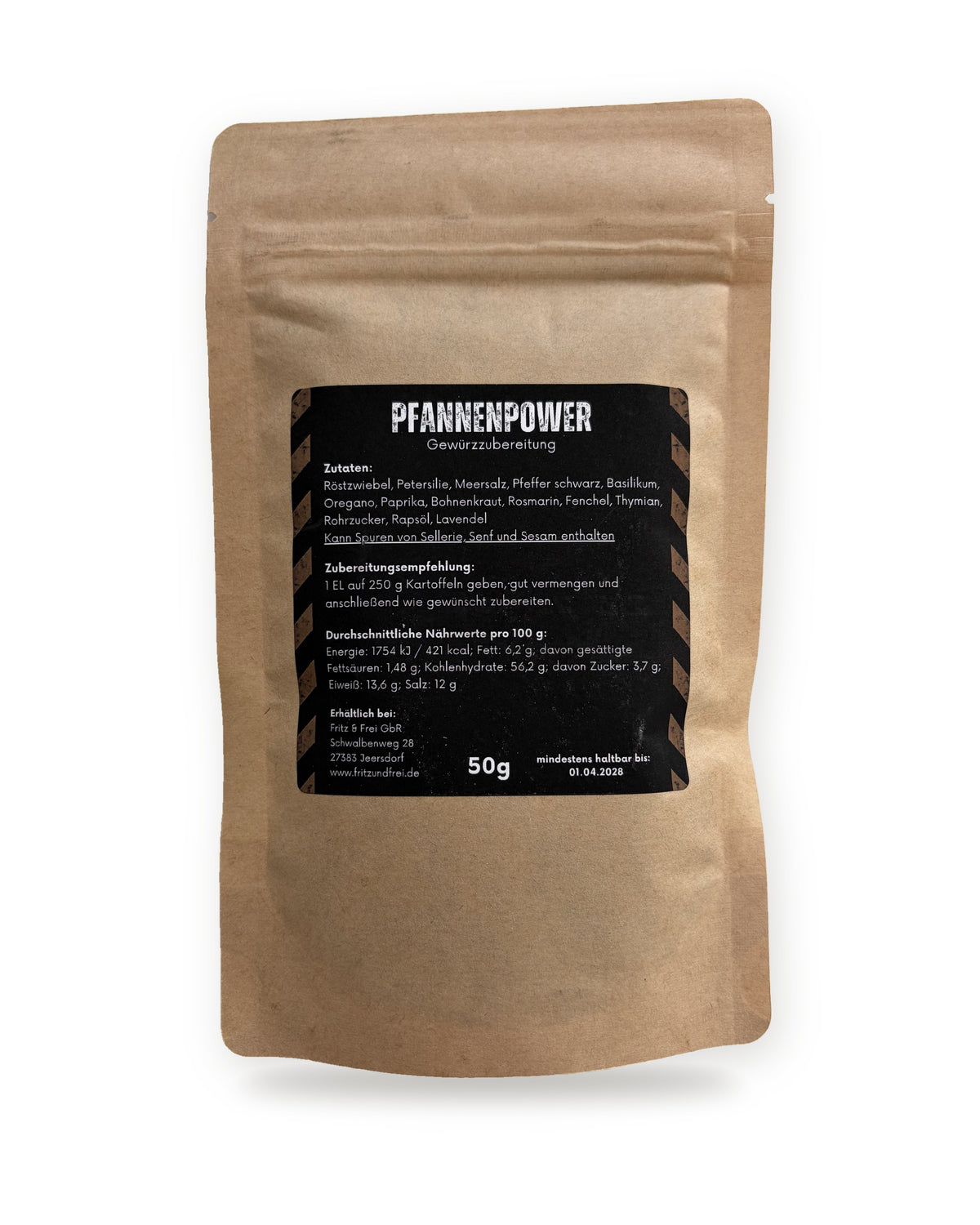 Rückseite des Fritz & Frei Pfannenpower Beutels mit Zutaten, Nährwerten und 50 g Füllmenge