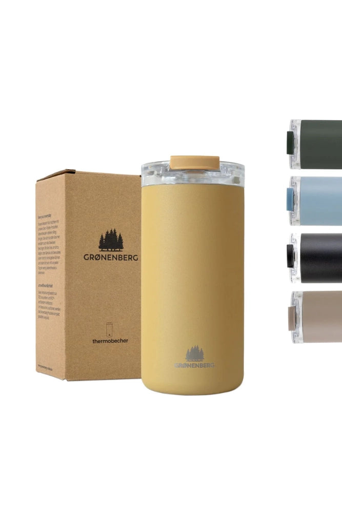 Groenenberg Thermobecher 473 ml in Mustard – großer, auslaufsicherer Kaffeebecher to go aus recyceltem Edelstahl.