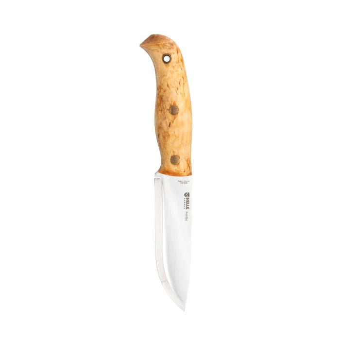 Helle Nordlys Bushcraftmesser mit Maserbirken-Griff und feststehender Stahlklinge vor weißem Hintergrund