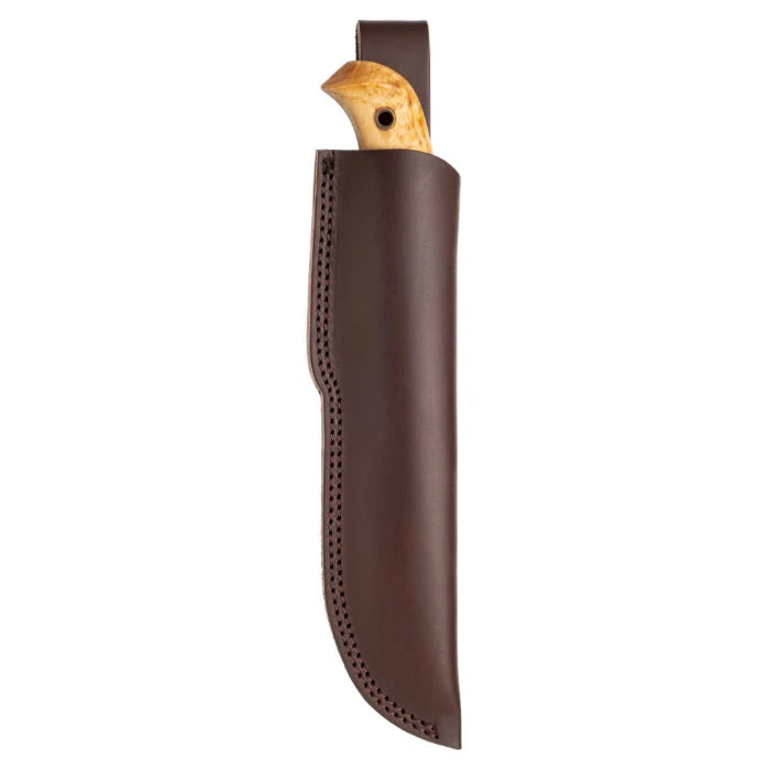 Helle Norway Nordlys Bushcraftmesser mit Griff aus Maserbirke und brauner Lederscheide