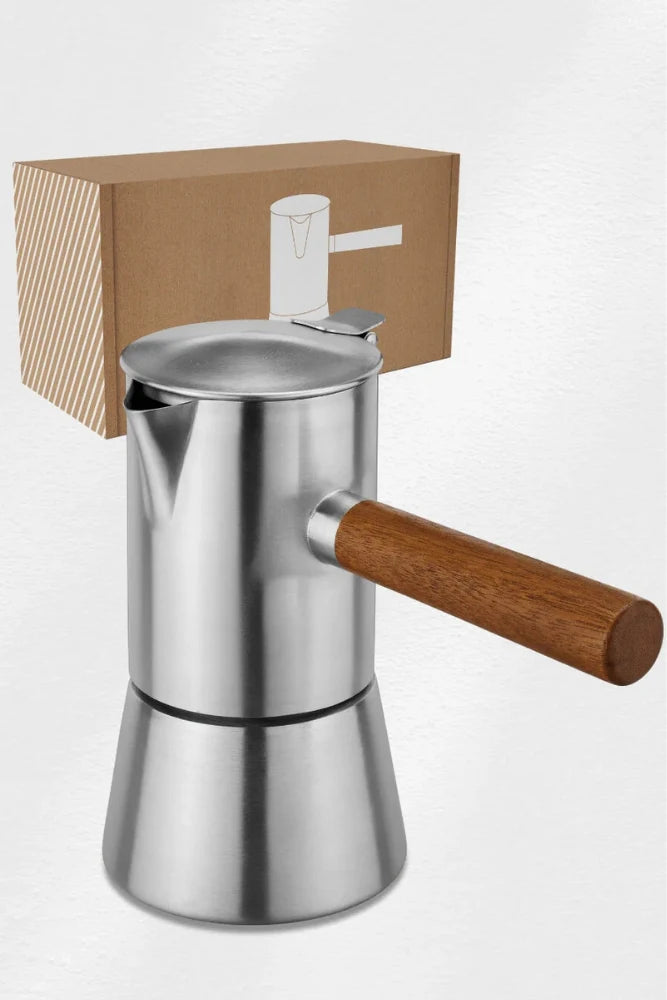 Lambda Coffee Espressokocher aus Edelstahl Freisteller fuer Camping Outdoor und Vanlife Kaffee