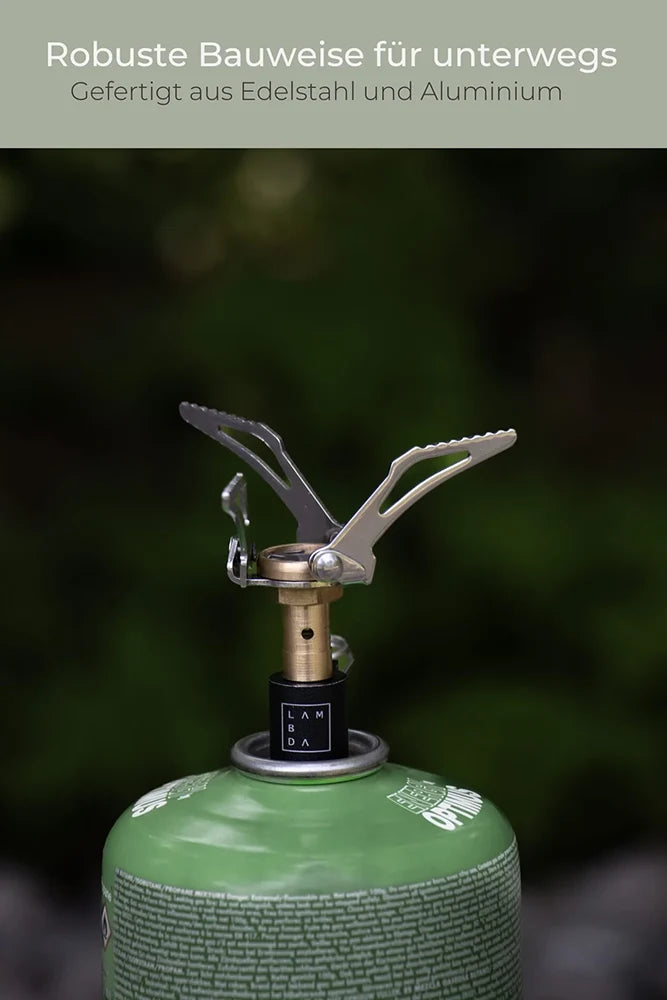 Detailaufnahme des Lambda Coffee Gaskochers Fuoco – robuste Bauweise aus Edelstahl und Aluminium für langlebige Outdoor-Nutzung