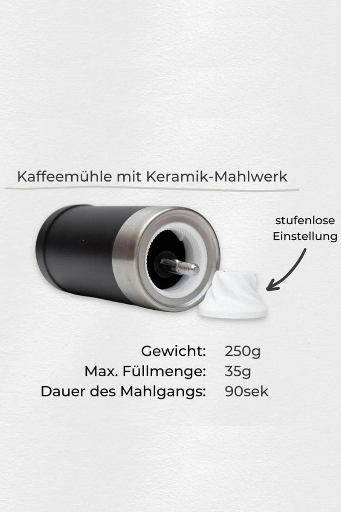 Detailaufnahme des Keramik-Mahlwerks der Lambda Coffee Kaffeemühle Terra – manuelle Edelstahl-Handmühle für präzises Mahlen