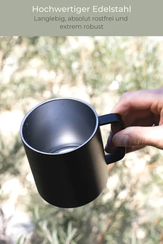 Lambda Coffee Thermobecher Atacama aus Edelstahl 360ml im Einsatz langlebig robust und rostfrei fuer Camping Outdoor und Vanlife