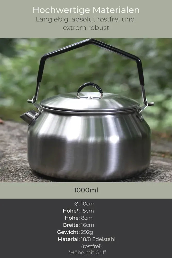 Technische Informationen und Maße des Lambda Coffee Wasserkessels Geysir 1 L aus Edelstahl – kompakt, leicht & ideal für Camping