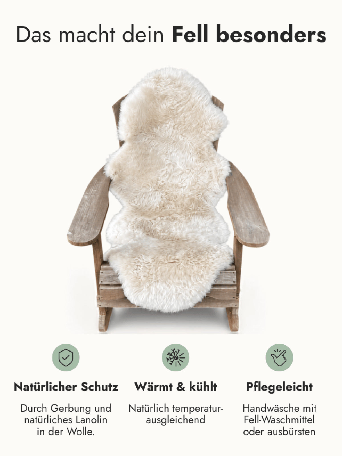 Merino Schaffell in Naturweiß auf einem Holzstuhl, darunter drei Eigenschaften zu Gerbung, Temperaturausgleich und Pflege