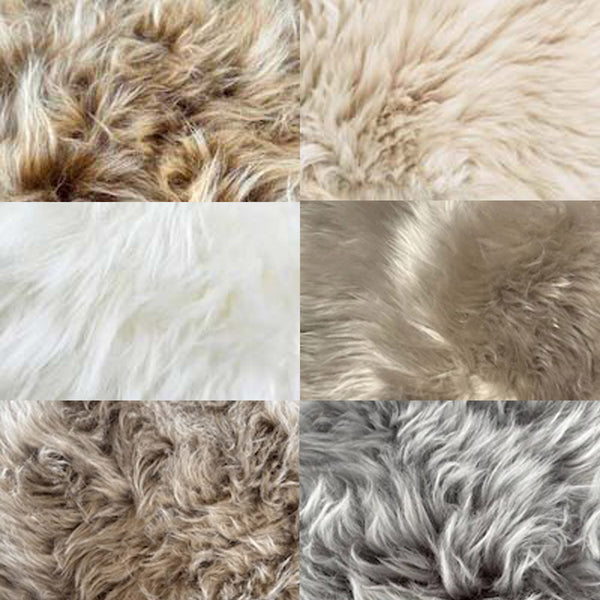 Sechs Farbtoene von Merino Schaffellen im Vergleich, von Cappuccino bis Platingrau