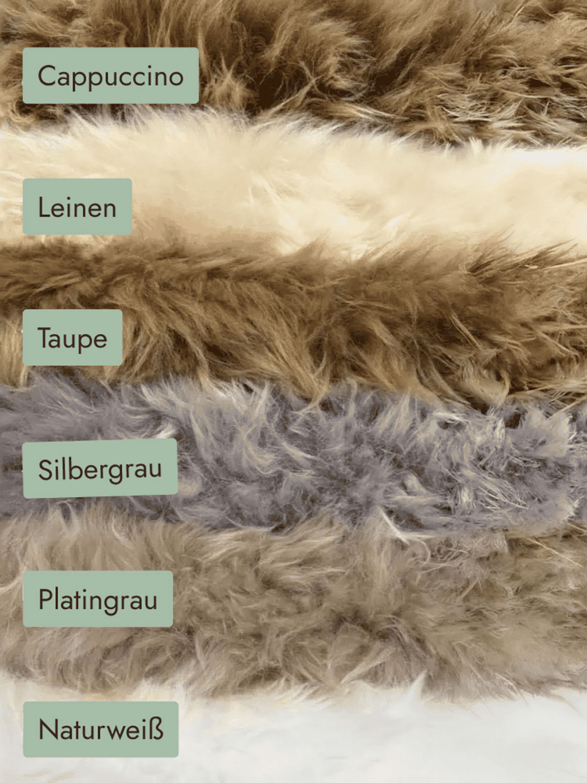 Sechs Farbtöne im Merino Schaffell nebeneinander, beschriftet mit Cappuccino, Leinen, Taupe, Silbergrau, Platingrau und Naturweiß