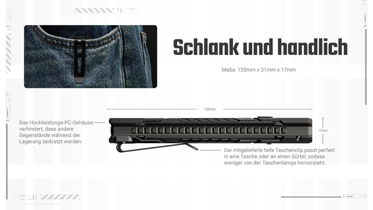 Maßzeichnung der Nitecore EDC07 mit Länge Breite und Gehäusehöhe