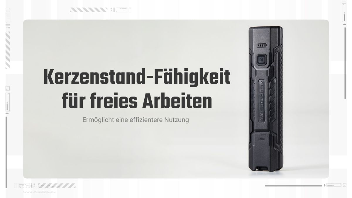 Nitecore EDC07  aufrecht stehend zur freihändigen Beleuchtung des Arbeitsbereichs