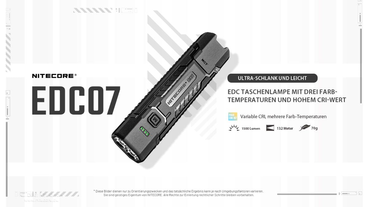 Produktübersicht der Nitecore EDC07 Taschenlampe in Sand mit wichtigen Ausstattungsmerkmalen