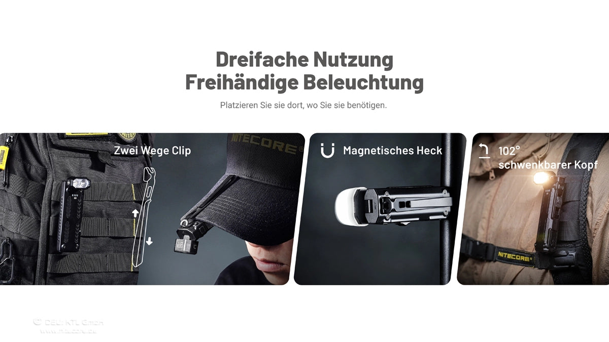 Nitecore EDC09 – dreifache Nutzung für freihändiges Licht mit Clip, Magnetfuß und Schwenkkopf