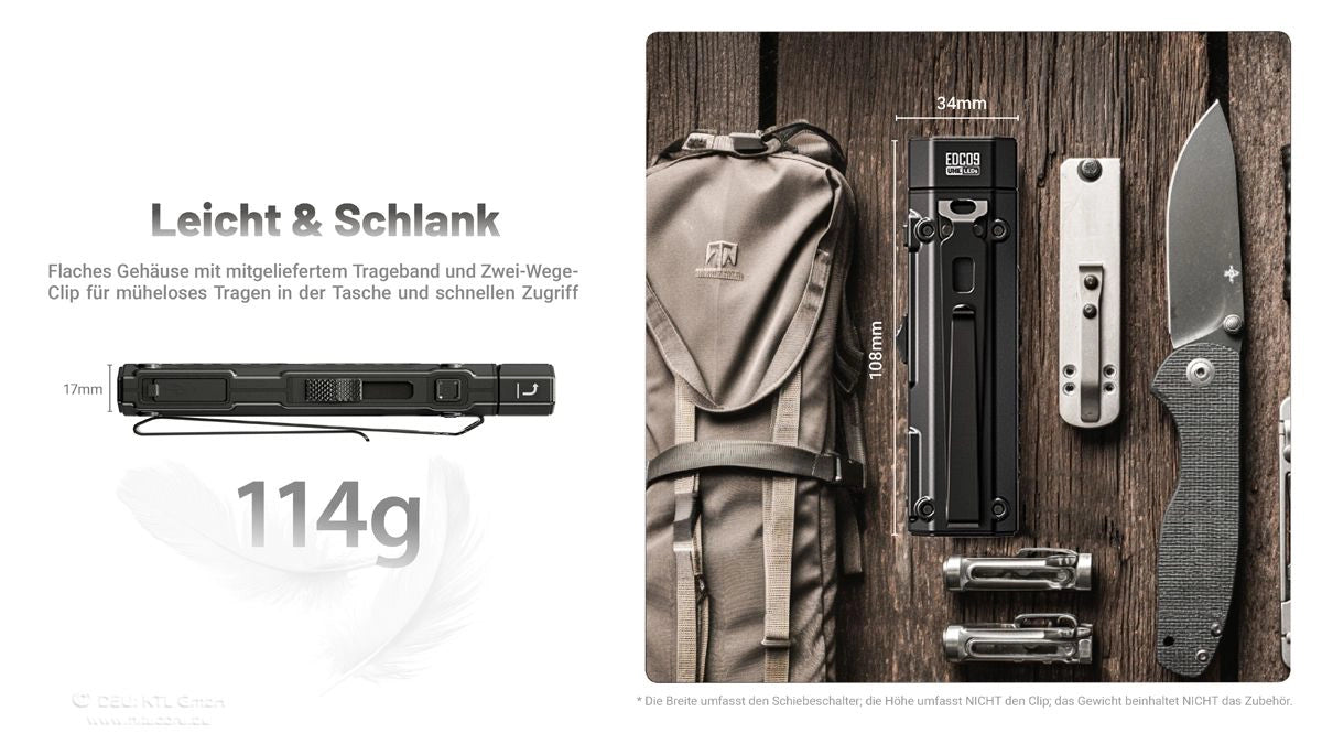 Nitecore EDC09 – Maße 108 mm und Gewicht 114 g (kompakte Winkellampe)