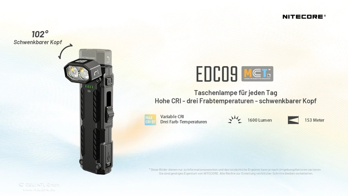 Nitecore EDC09 – Schwenkkopfansicht mit 102° verstellbarem Winkelkopf