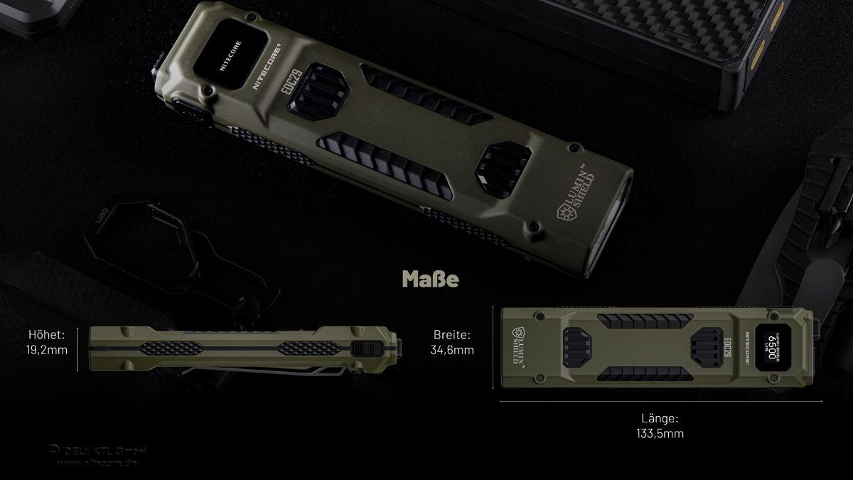 Maßzeichnung der Nitecore EDC29 LUMINBLADE in Oliv mit Länge und Gehäuseabmessungen