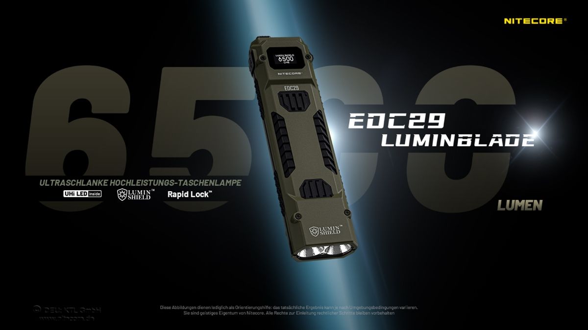 Nitecore EDC29 LUMINBLADE in Oliv mit Übersicht der wichtigsten Funktionen