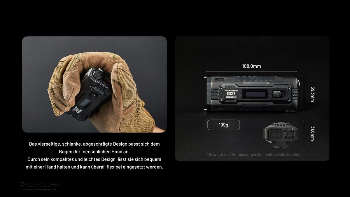 Maßzeichnung der Nitecore EDC37 mit Gehäuseabmessungen und Gewichtsangabe