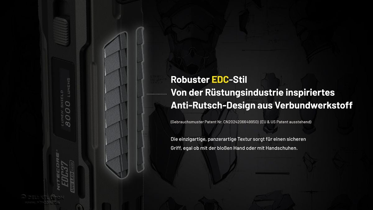 Detailansicht der strukturierten rutschhemmenden Gehäuseoberfläche der Nitecore EDC37