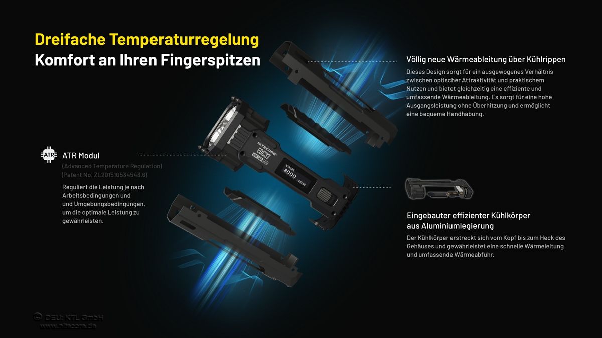 Darstellung der dreifachen Temperaturregelung der Nitecore EDC37 Taschenlampe