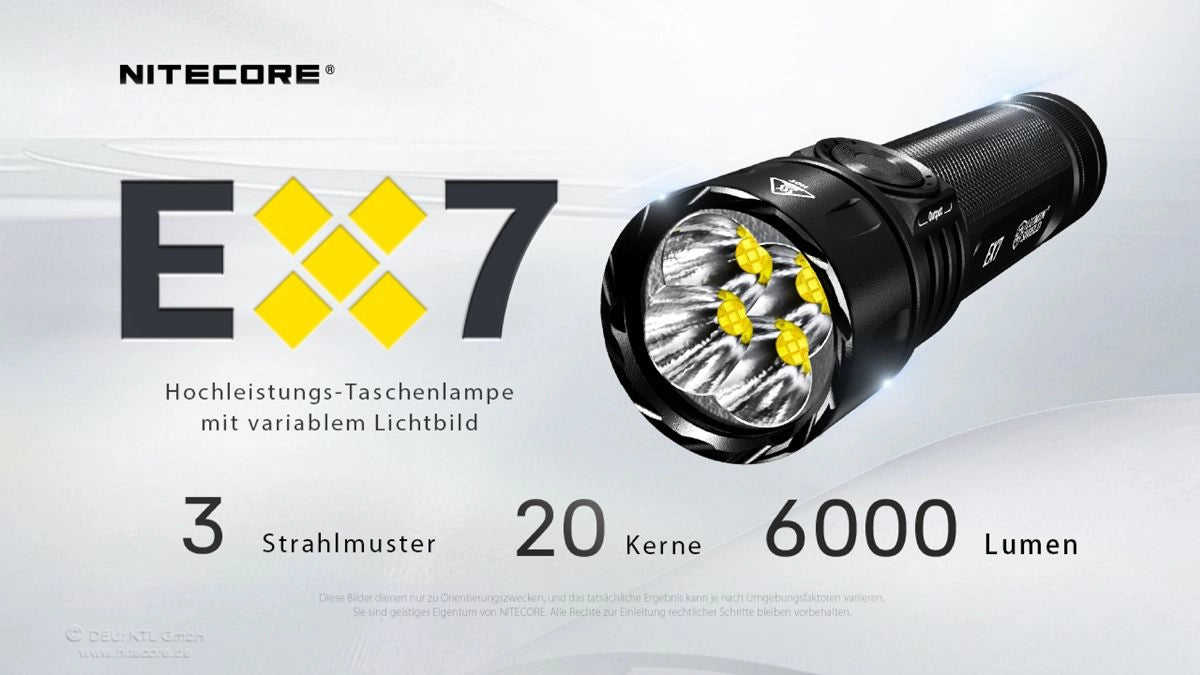 Nitecore EX7 – Übersicht mit technischen Daten und Features: 6000 Lumen, IP68, USB-C, 500 m