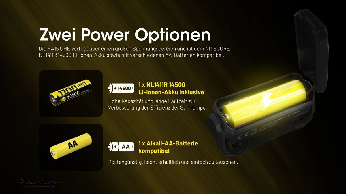 Nitecore HA15 UHE zwei Power Optionen – Betrieb mit AA oder NL1411R Akku