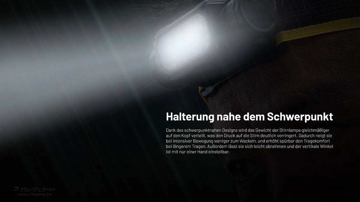 Nitecore HC65 UHE Stirnlampe – Halterung nahe am Schwerpunkt für stabilen Sitz am Kopf
