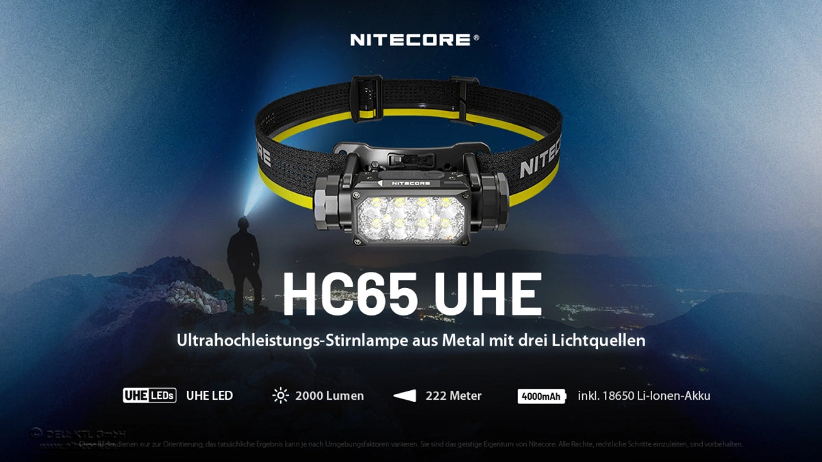 Nitecore HC65 UHE – Übersicht: 2000 Lumen, 3 Lichtquellen, USB-C, IP68, 222 m