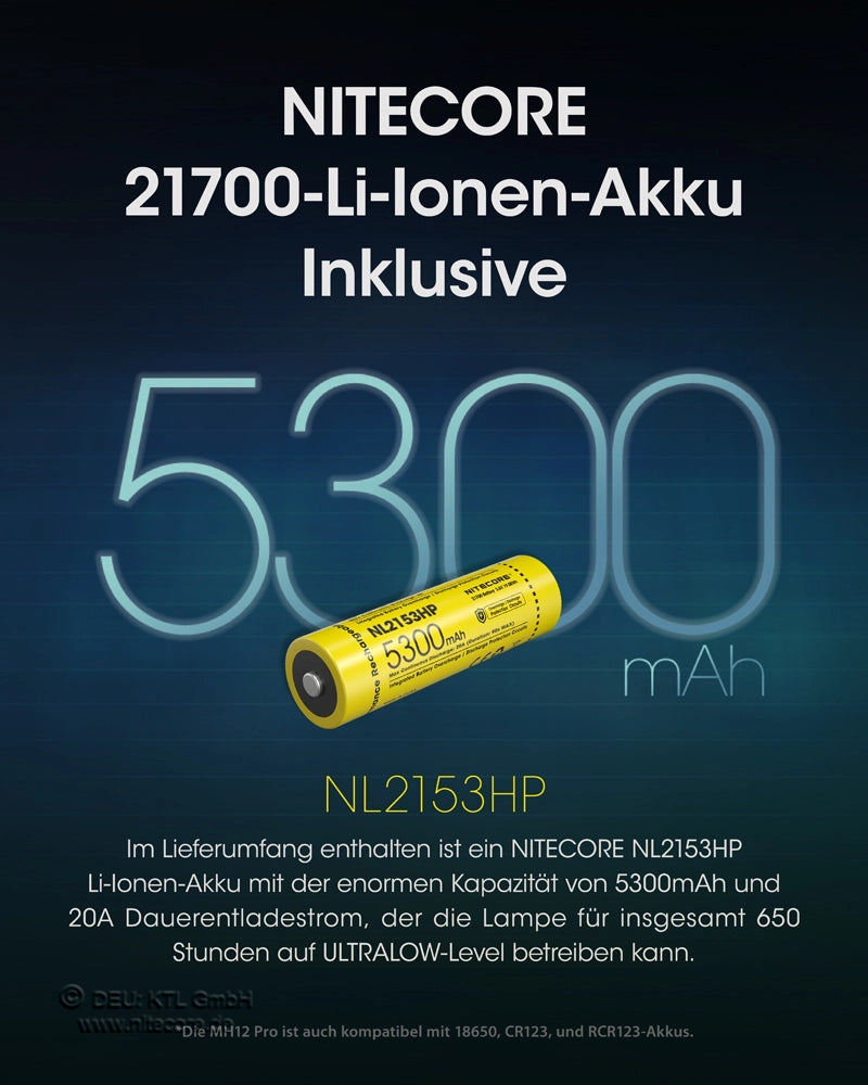 Nitecore MH12 Pro 21700 Li-Ion Akku inklusive – 5300 mAh für lange Laufzeiten