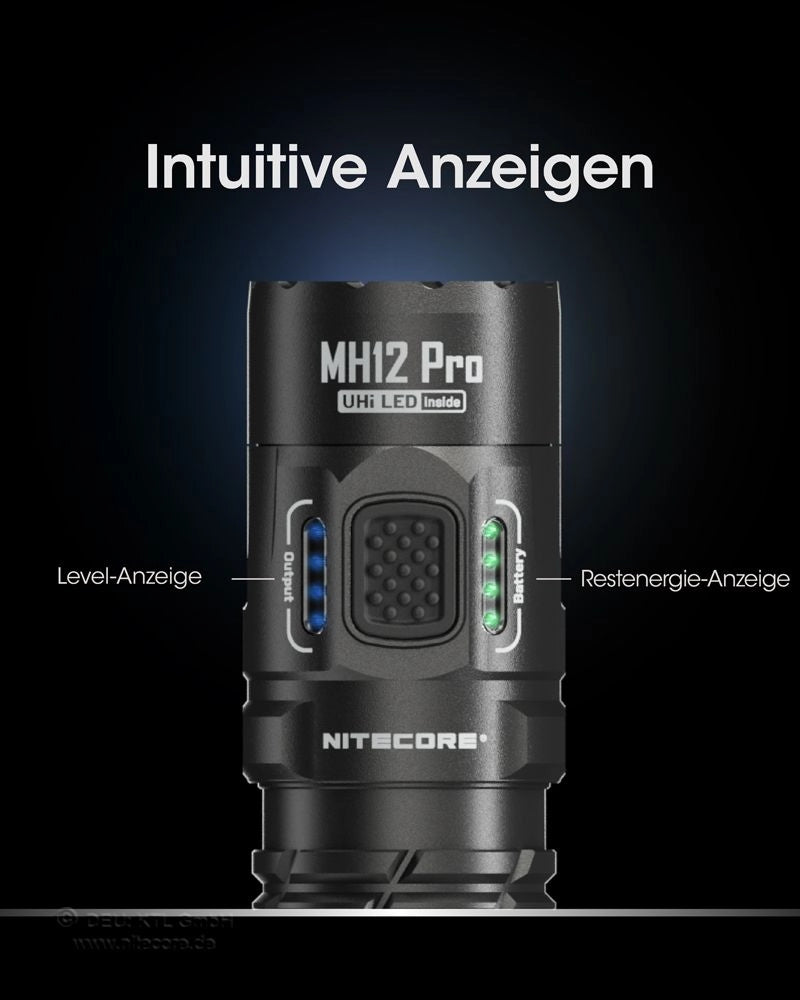 Nitecore MH12 Pro intuitive Anzeigen – Akkustand und Helligkeitsstufe auf einen Blick