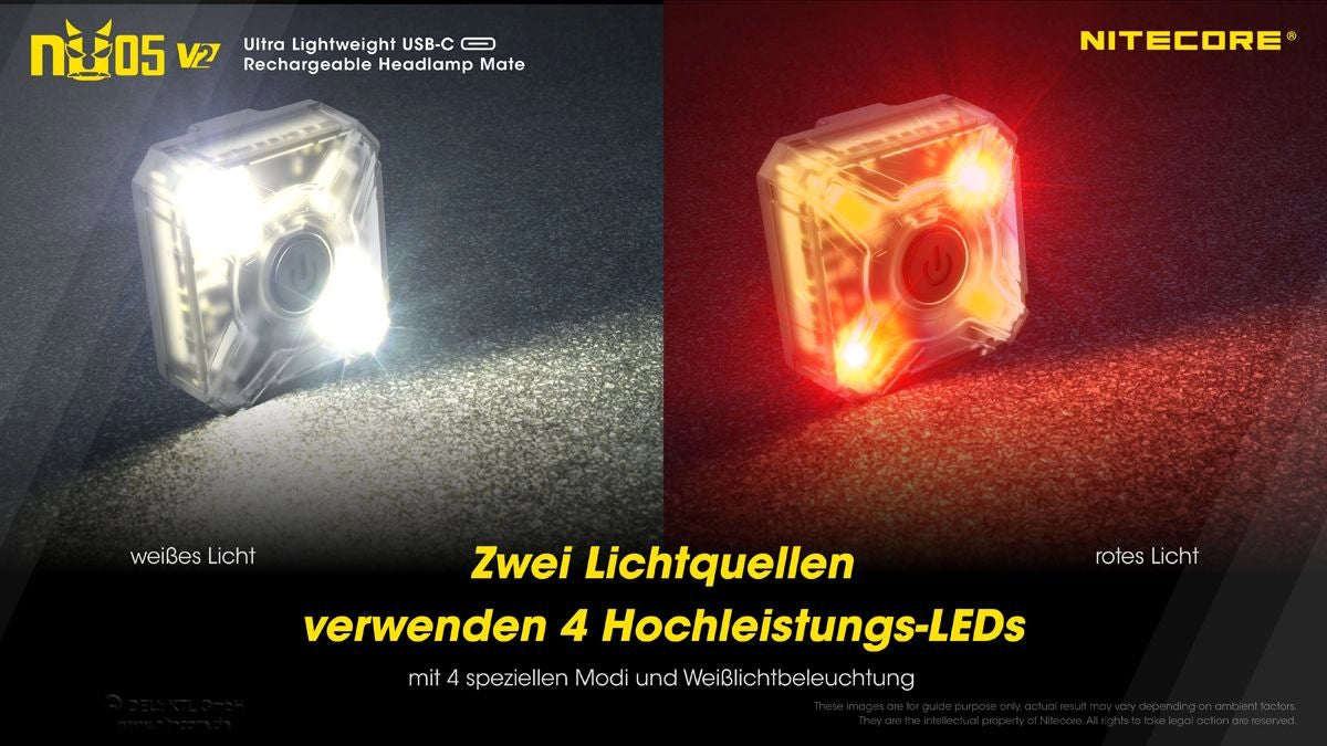 Nitecore NU05 V2 – zwei Lichtquellen: Rotlicht und Weißlicht mit 4 Hochleistungs-LEDs