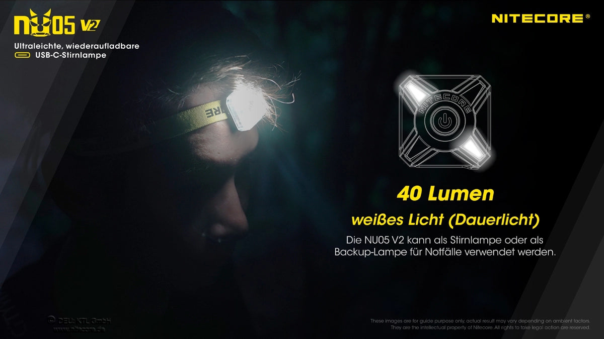Nitecore NU05 V2 – 40 Lumen Weißlicht: Blinkmodi und Dauerlicht
