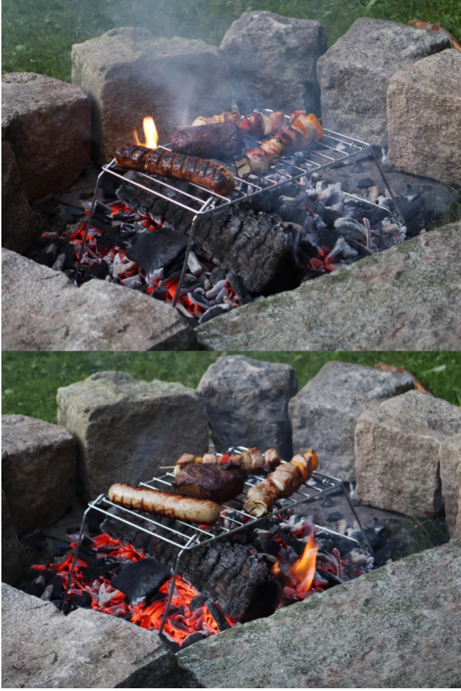 Origin Outdoors Klappgrill Basic beim Grillen über Lagerfeuer im Outdoor Einsatz
