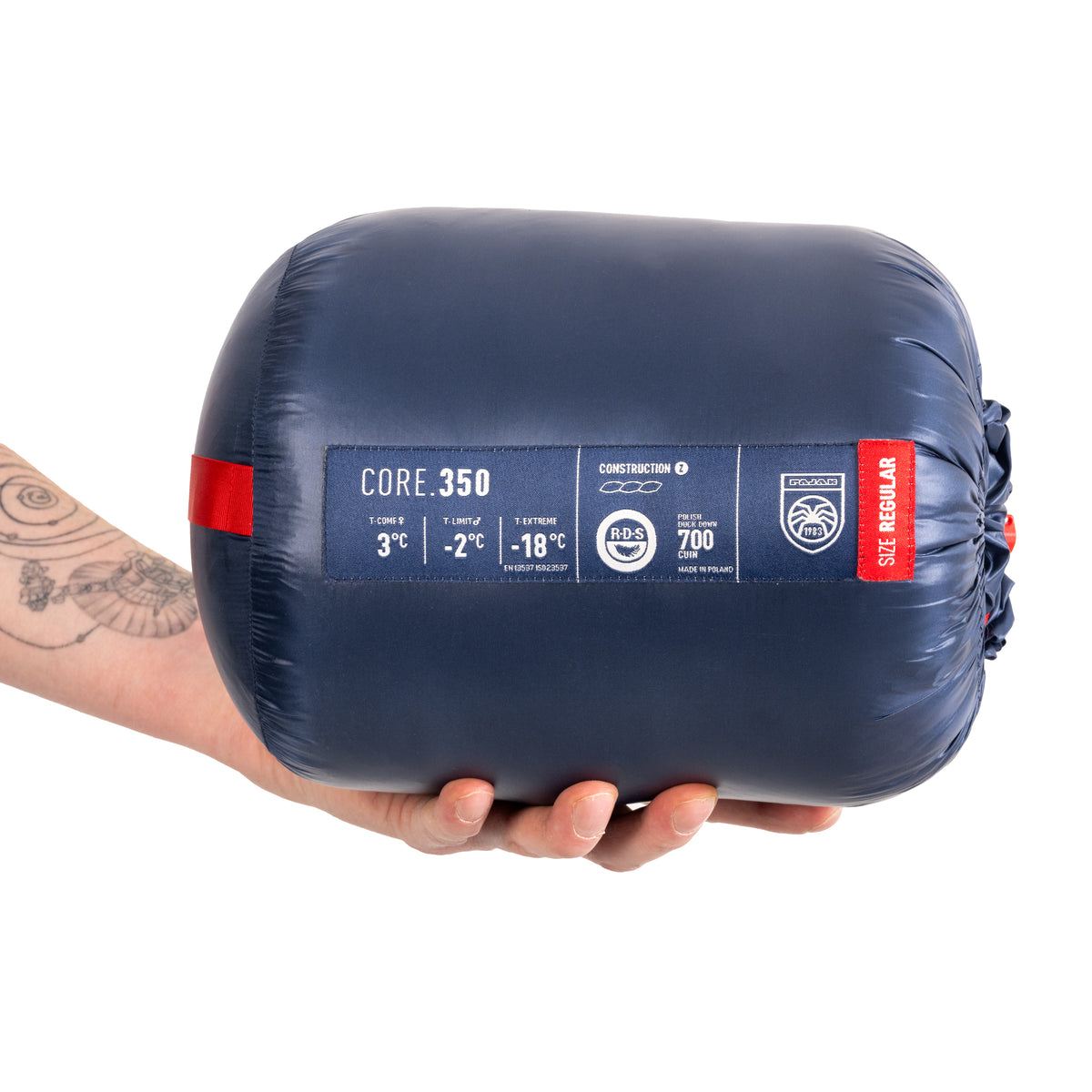 Pajak Core 350 in Navy vollständig komprimiert im Packsack als Freisteller